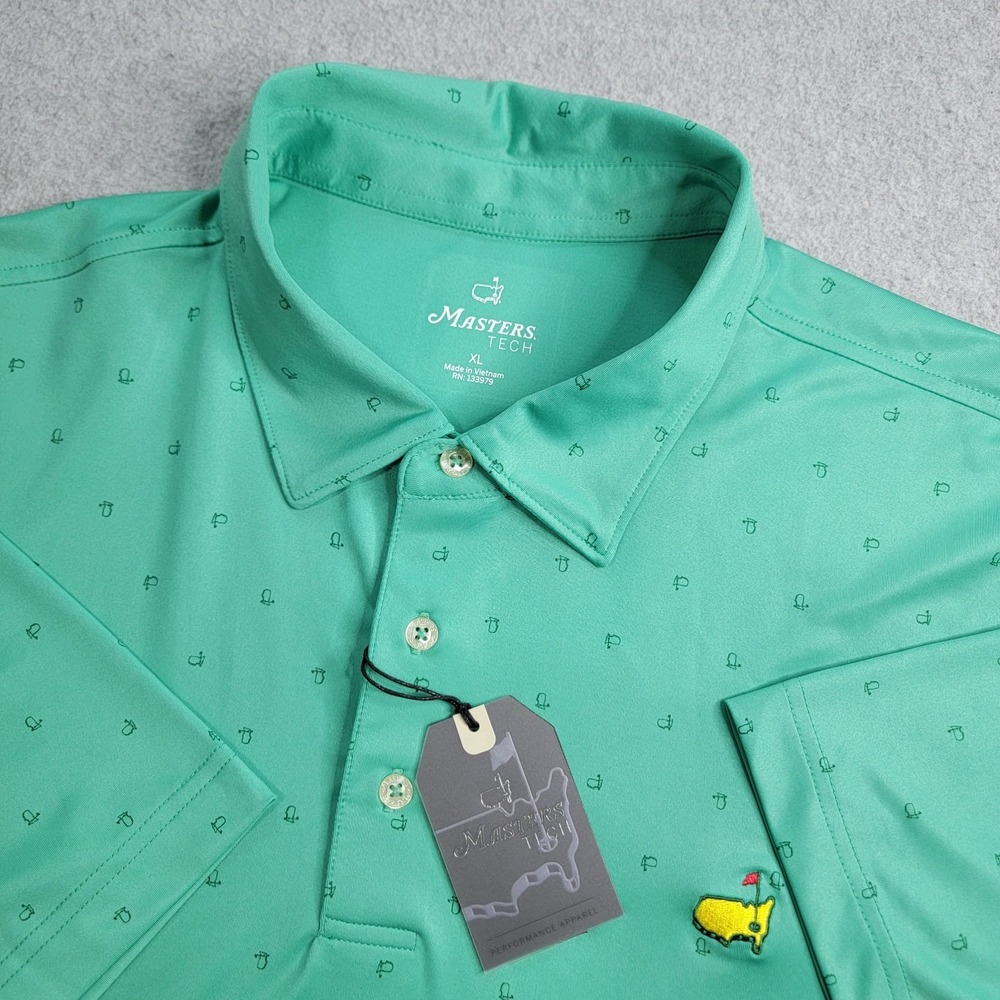 New Masters Tech Polo Shirt Mens XL Green Master's Logo All Over Print SS NWT